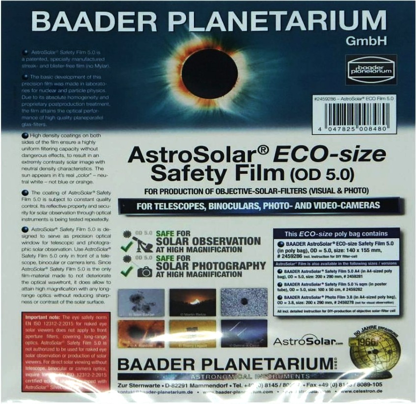 Slnečný filter (fólia) Baader Planetarium AstroSolar 140x155mm ND 5.0...