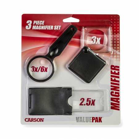 Zvětšovací sklo Carson ValuePak 3 Compact Assorted Magnifiers: 3x Hand-Held, 3x Flip Open, 2.5x Credit Card Size Fresnel Magnifier